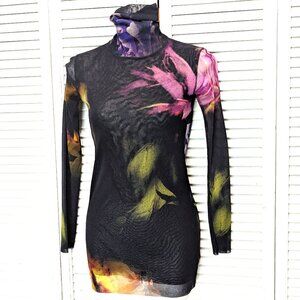 FUZZI Italy Bodycon Turtleneck Mesh Top Medium Black Floral